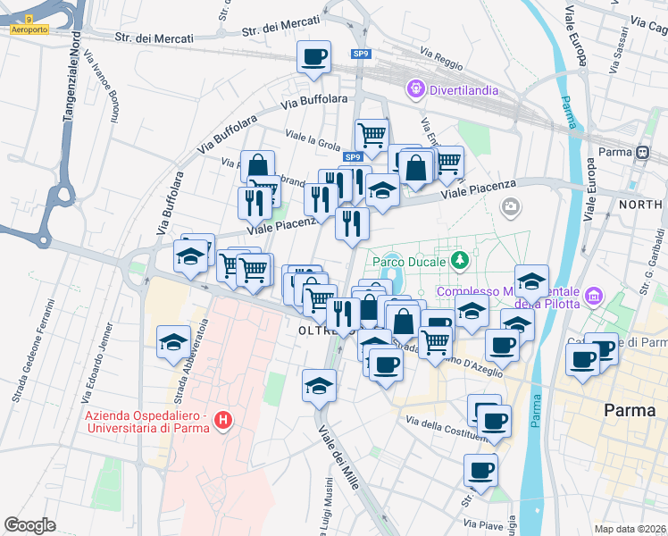 map of restaurants, bars, coffee shops, grocery stores, and more near 2-6 Via Pietro Martini in Parma