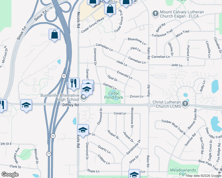 map of restaurants, bars, coffee shops, grocery stores, and more near 2070 Garnet Lane in Eagan