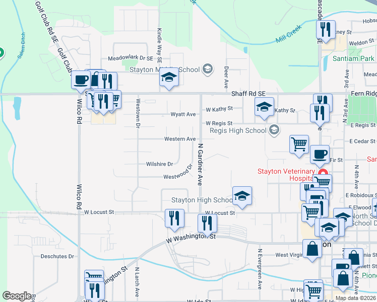 map of restaurants, bars, coffee shops, grocery stores, and more near 1079 Westwood Drive in Stayton