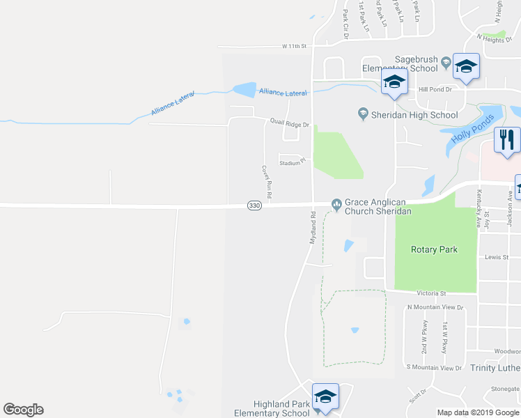 map of restaurants, bars, coffee shops, grocery stores, and more near 2250 West 5th Street in Sheridan