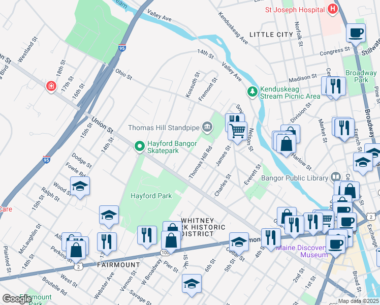 map of restaurants, bars, coffee shops, grocery stores, and more near Jackson Street in Bangor