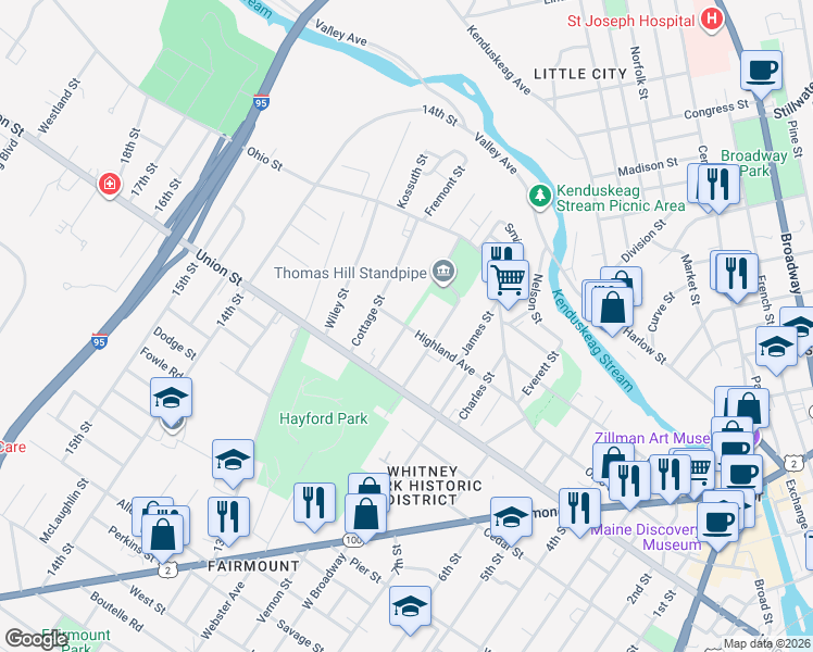 map of restaurants, bars, coffee shops, grocery stores, and more near Jackson Street in Bangor