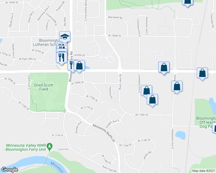 map of restaurants, bars, coffee shops, grocery stores, and more near 10905 Pennsylvania Avenue South in Minneapolis