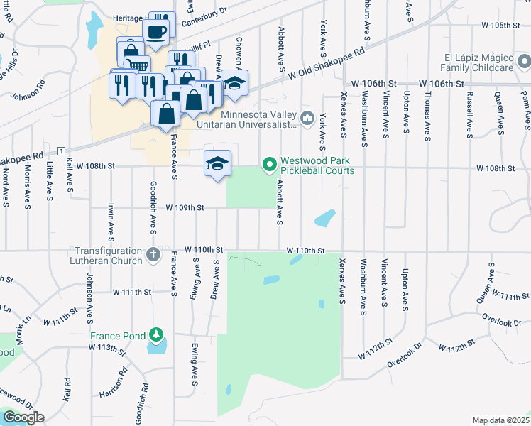 map of restaurants, bars, coffee shops, grocery stores, and more near 10901 Beard Avenue South in Minneapolis
