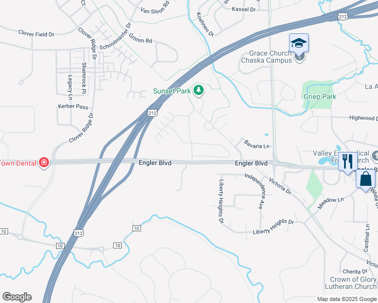 map of restaurants, bars, coffee shops, grocery stores, and more near 1620 Prescott Lane in Chaska