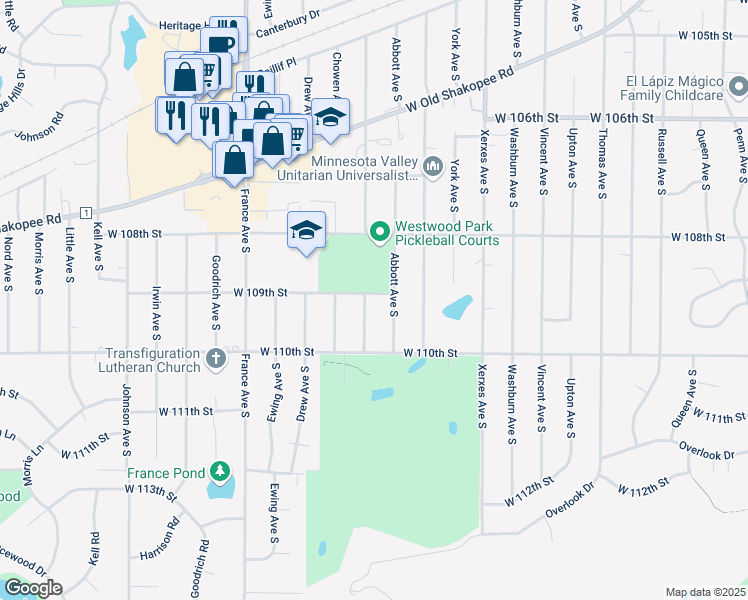 map of restaurants, bars, coffee shops, grocery stores, and more near 10901 Beard Avenue South in Minneapolis