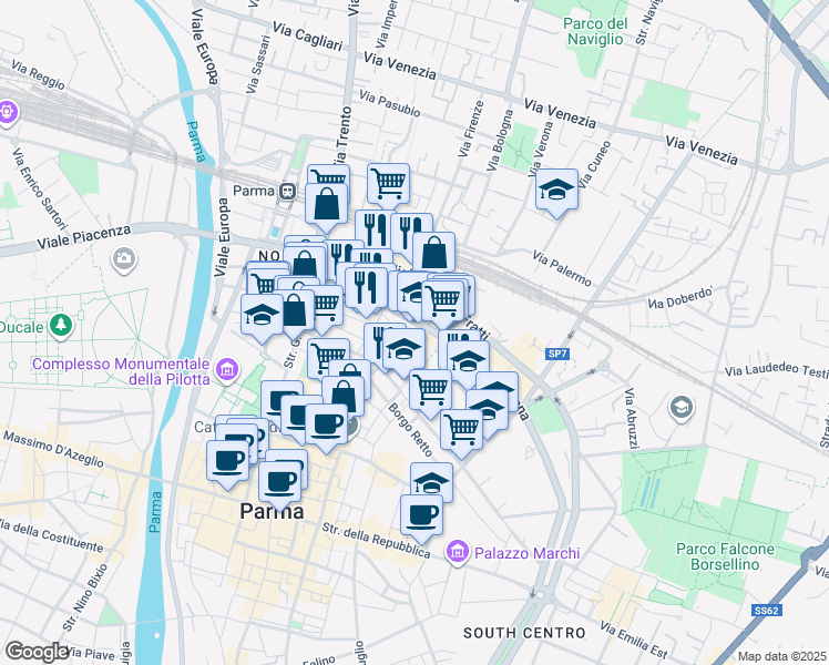 map of restaurants, bars, coffee shops, grocery stores, and more near 112 Viale Mentana in Parma