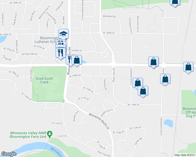 map of restaurants, bars, coffee shops, grocery stores, and more near 7313 West 109th Street in Minneapolis