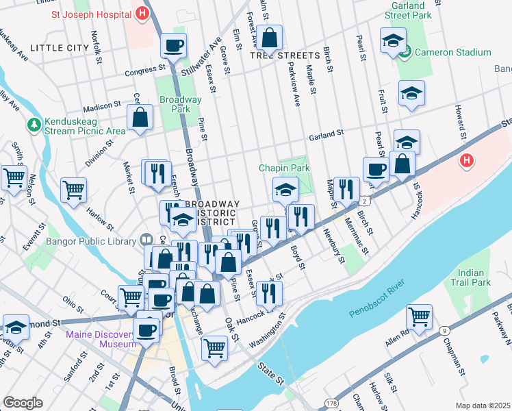 map of restaurants, bars, coffee shops, grocery stores, and more near 117 Somerset Street in Bangor