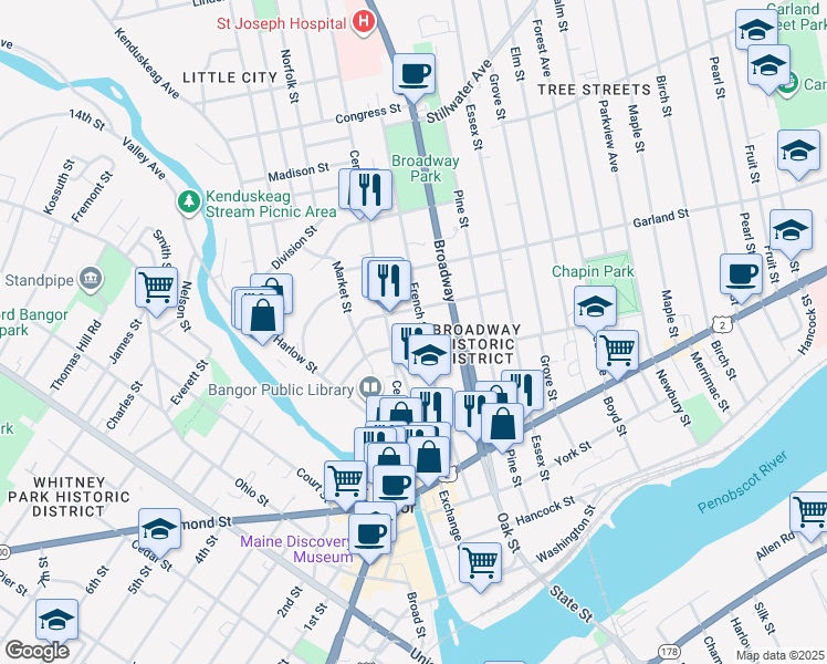 map of restaurants, bars, coffee shops, grocery stores, and more near 8 Center Street Avenue in Bangor