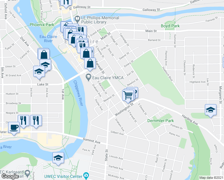 map of restaurants, bars, coffee shops, grocery stores, and more near 908 South Farwell Street in Eau Claire