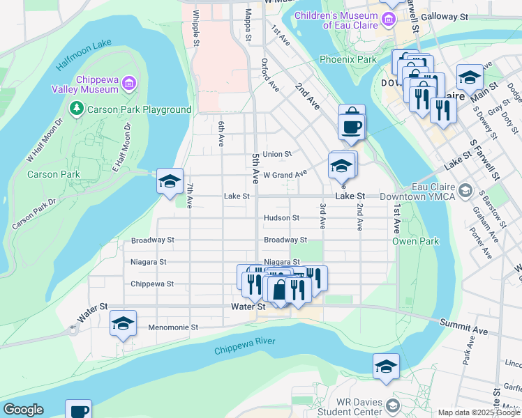 map of restaurants, bars, coffee shops, grocery stores, and more near 434 Hudson Street in Eau Claire