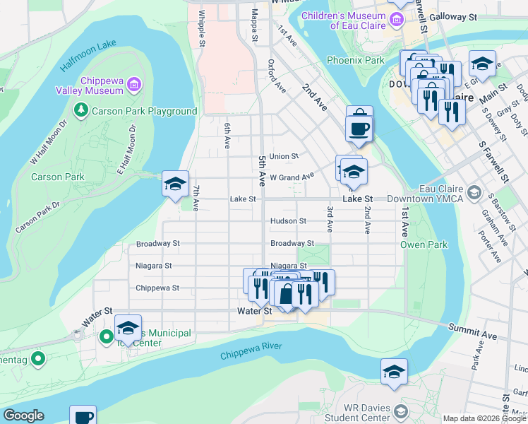 map of restaurants, bars, coffee shops, grocery stores, and more near 434 Hudson Street in Eau Claire