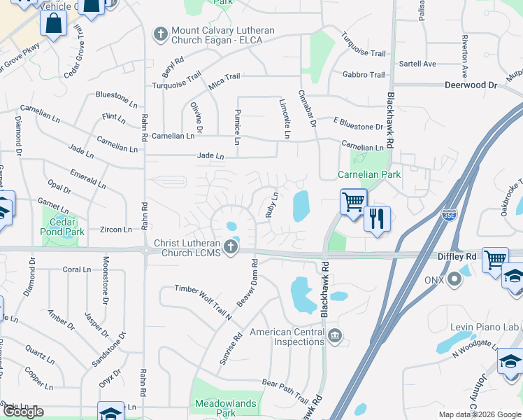 map of restaurants, bars, coffee shops, grocery stores, and more near 1962 North Ruby Court in Eagan
