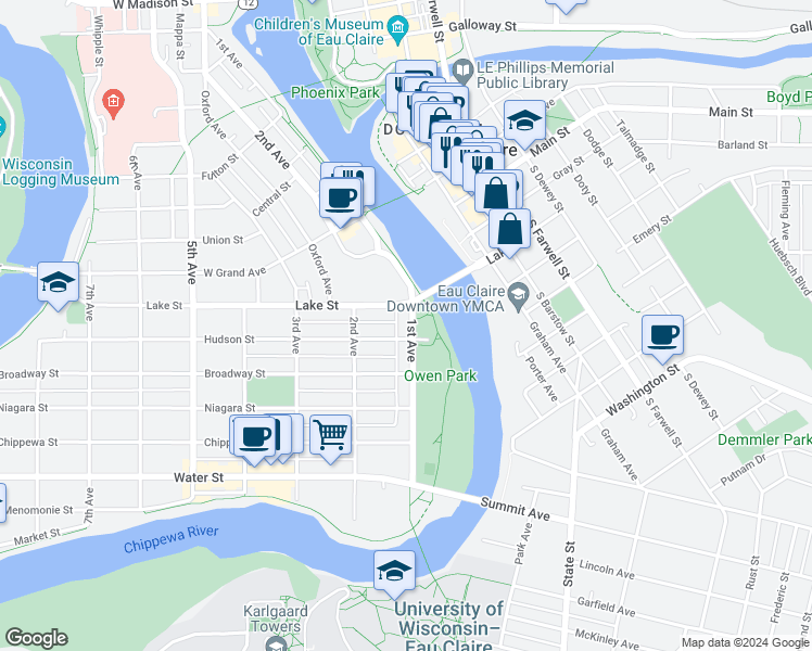 map of restaurants, bars, coffee shops, grocery stores, and more near 612 1st Avenue in Eau Claire