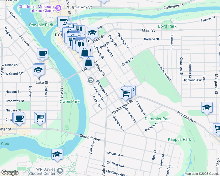 map of restaurants, bars, coffee shops, grocery stores, and more near 908 South Farwell Street in Eau Claire