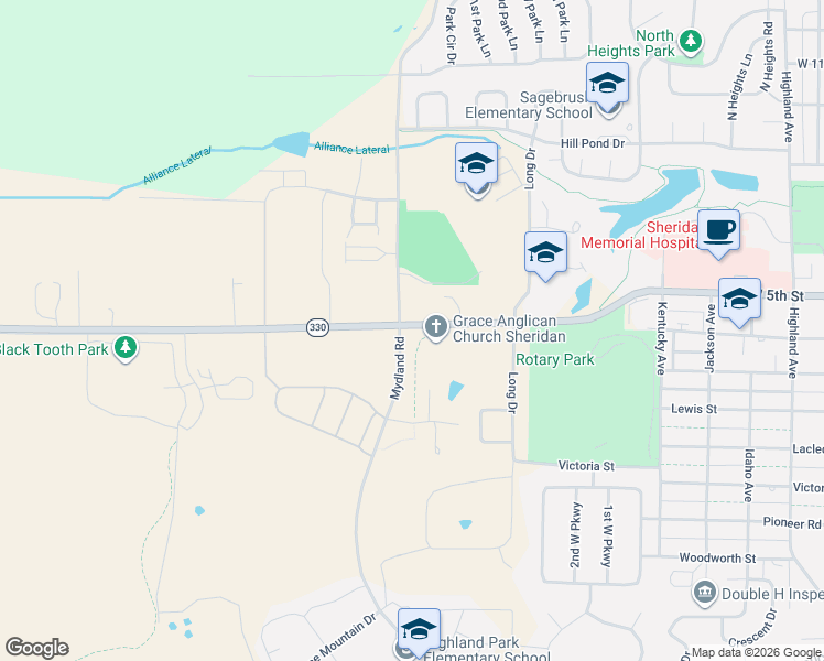 map of restaurants, bars, coffee shops, grocery stores, and more near 2066 West 5th Street in Sheridan