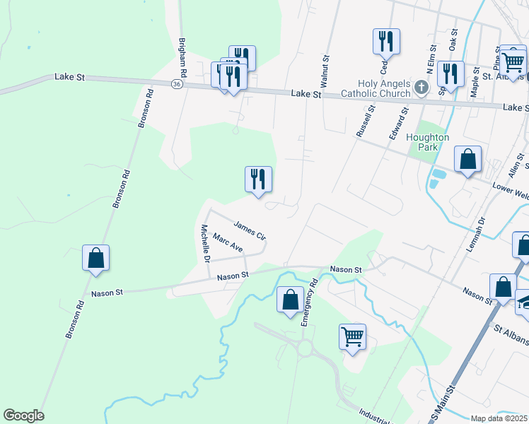 map of restaurants, bars, coffee shops, grocery stores, and more near 16 Cardinal Circle in Saint Albans City
