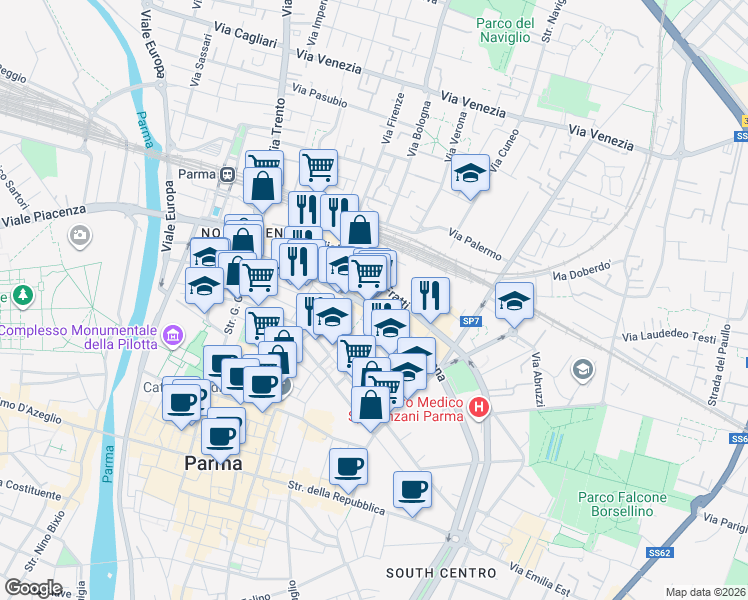map of restaurants, bars, coffee shops, grocery stores, and more near 97 Viale Mentana in Parma