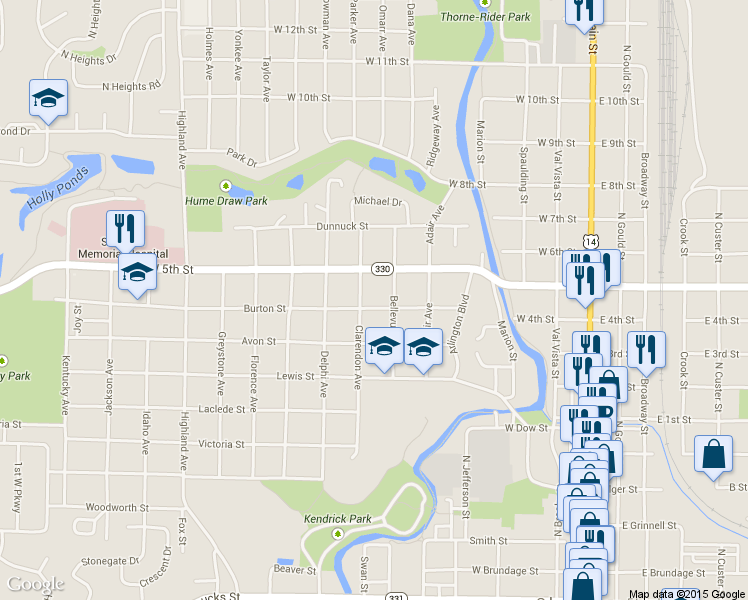 map of restaurants, bars, coffee shops, grocery stores, and more near 633 Burton Street in Sheridan