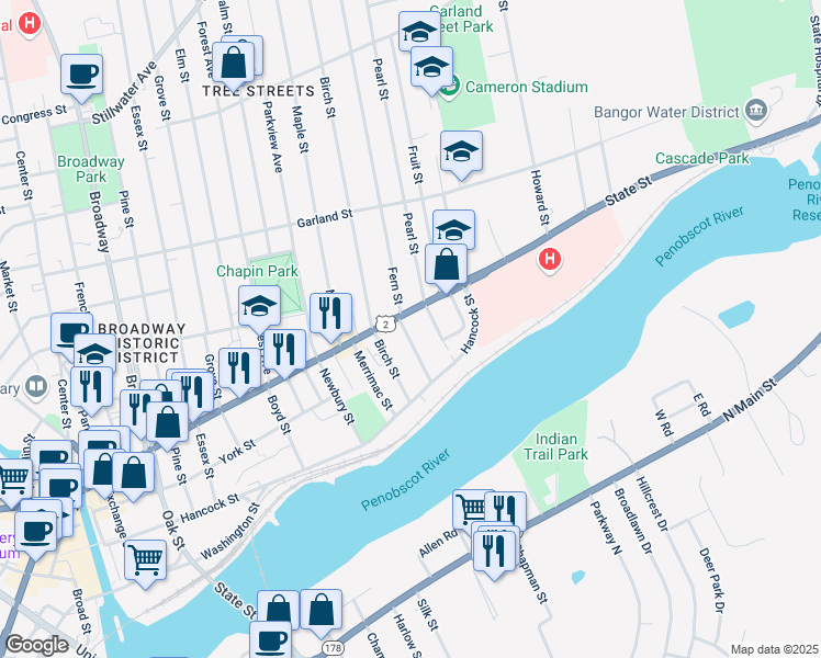 map of restaurants, bars, coffee shops, grocery stores, and more near 12 East Summer Street in Bangor