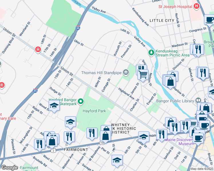 map of restaurants, bars, coffee shops, grocery stores, and more near 92 Cottage Street in Bangor