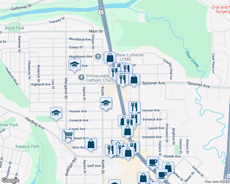 map of restaurants, bars, coffee shops, grocery stores, and more near 1021 Regis Court in Eau Claire