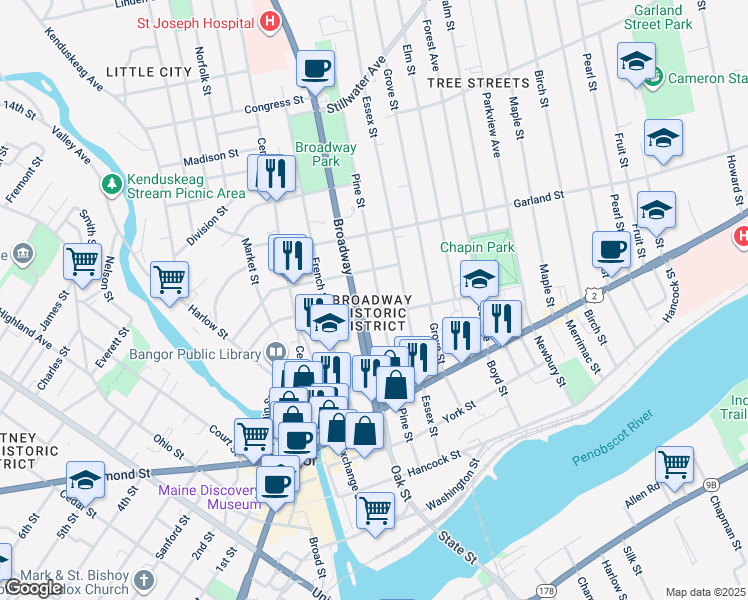 map of restaurants, bars, coffee shops, grocery stores, and more near 172 Pine Street in Glenburn