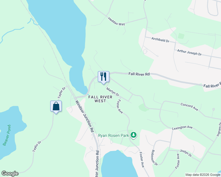 map of restaurants, bars, coffee shops, grocery stores, and more near 32 Martyn Drive in Fall River