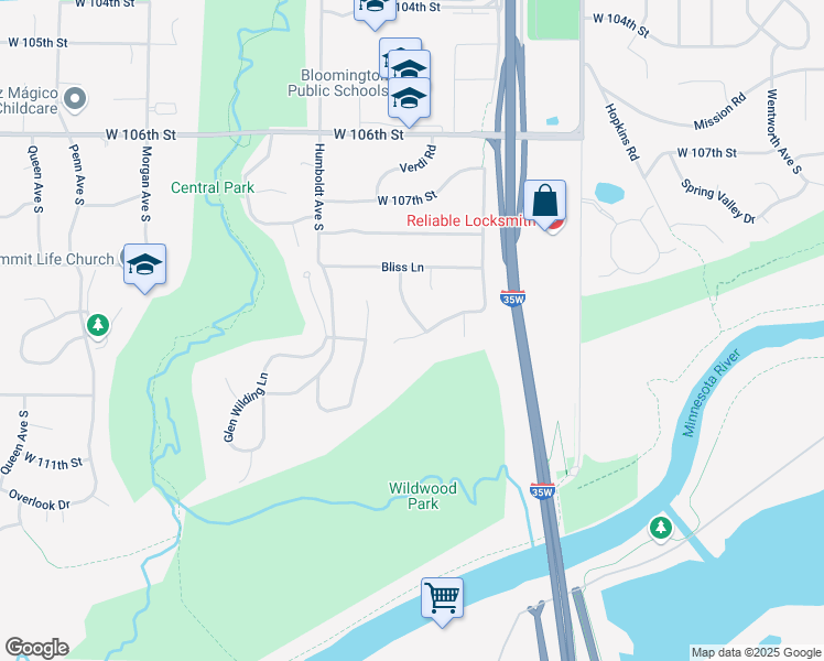 map of restaurants, bars, coffee shops, grocery stores, and more near 1200 River Terrace Dr in Bloomington