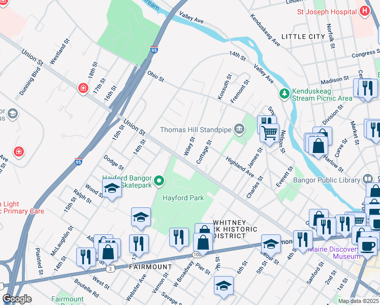 map of restaurants, bars, coffee shops, grocery stores, and more near 102 Wiley Street in Bangor