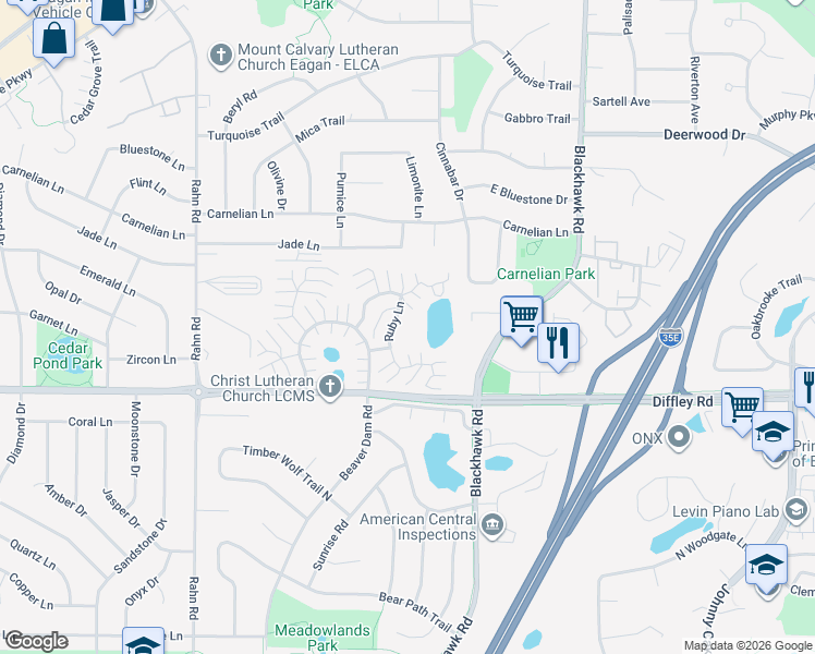 map of restaurants, bars, coffee shops, grocery stores, and more near 4130 Ruby Lane in Eagan