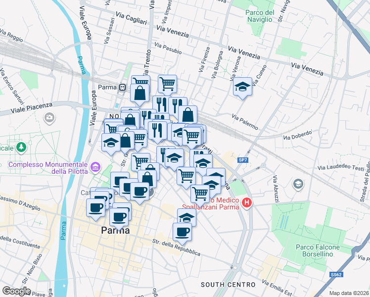 map of restaurants, bars, coffee shops, grocery stores, and more near 97 Viale Mentana in Parma