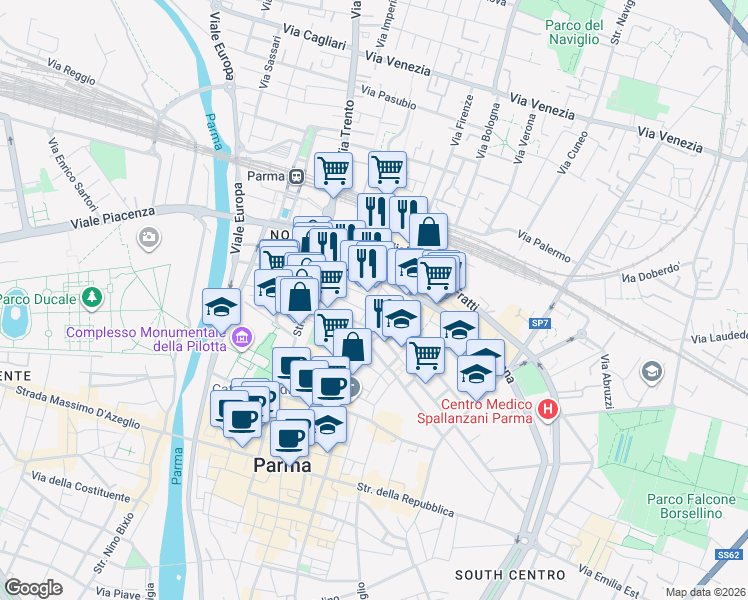 map of restaurants, bars, coffee shops, grocery stores, and more near 47 Strada XX Settembre in Parma