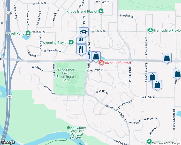 map of restaurants, bars, coffee shops, grocery stores, and more near 15 West 109th Street in Bloomington