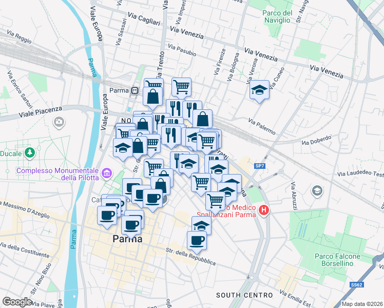 map of restaurants, bars, coffee shops, grocery stores, and more near 112 Viale Mentana in Parma