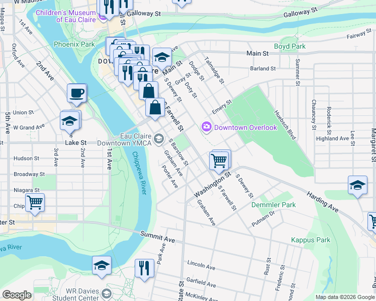 map of restaurants, bars, coffee shops, grocery stores, and more near 908 South Farwell Street in Eau Claire