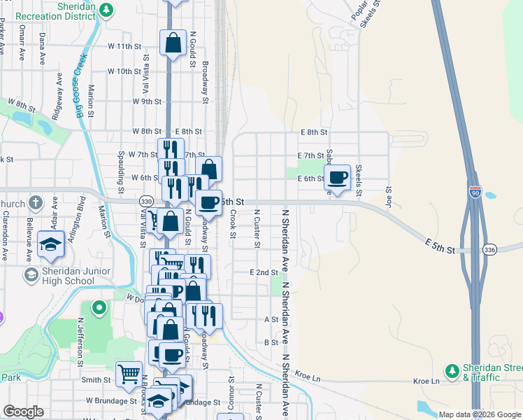 map of restaurants, bars, coffee shops, grocery stores, and more near 845 North Custer Street in Sheridan