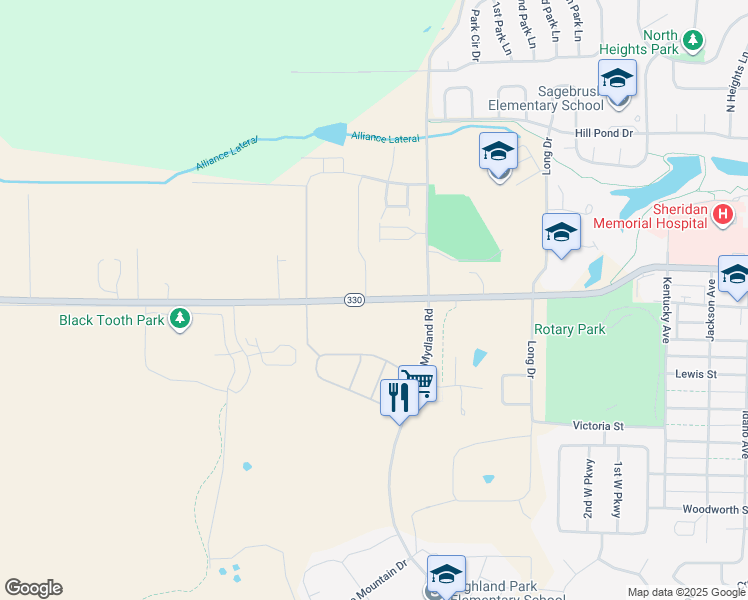 map of restaurants, bars, coffee shops, grocery stores, and more near 2200 West 5th Street in Sheridan