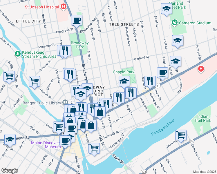 map of restaurants, bars, coffee shops, grocery stores, and more near 147 Essex Street in Bangor