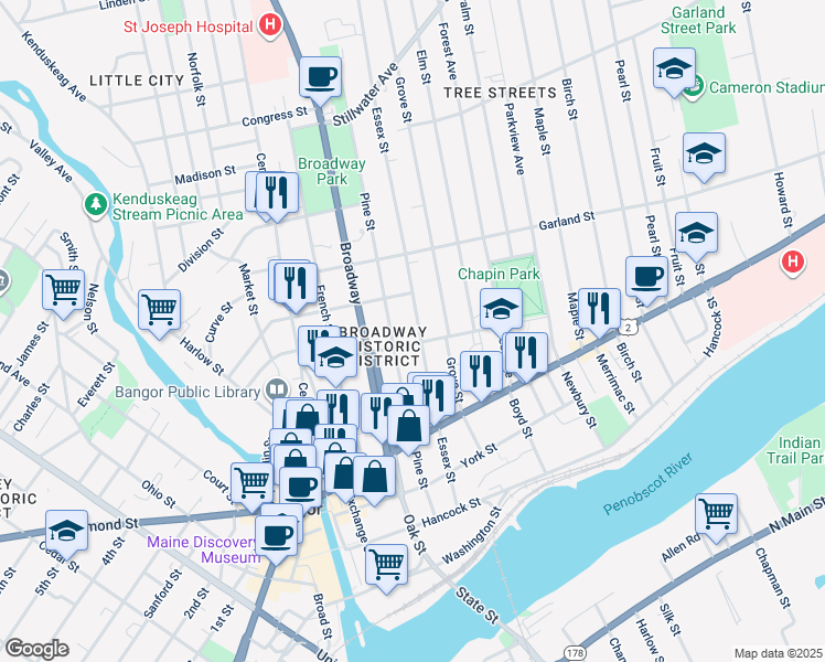 map of restaurants, bars, coffee shops, grocery stores, and more near 147 Essex Street in Bangor