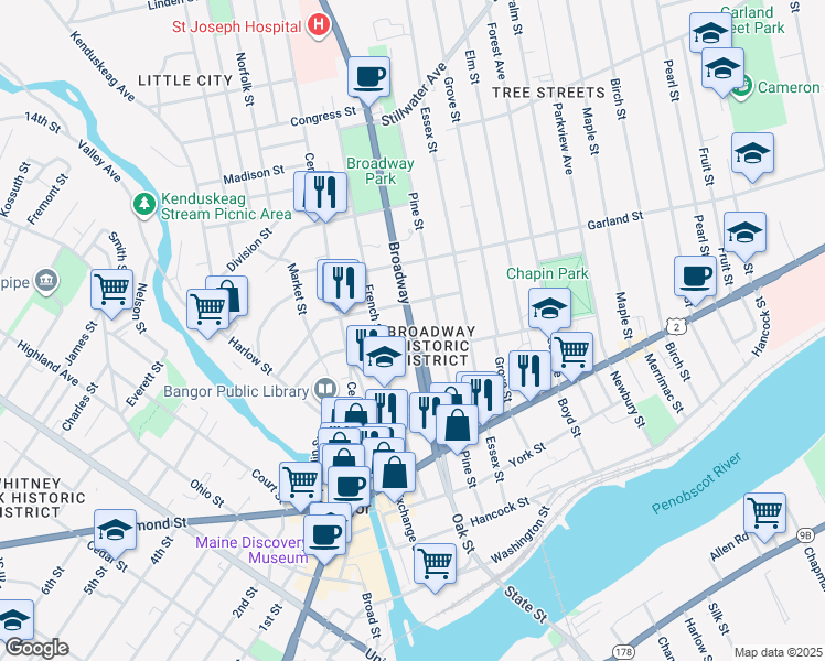 map of restaurants, bars, coffee shops, grocery stores, and more near 128 Broadway in Bangor