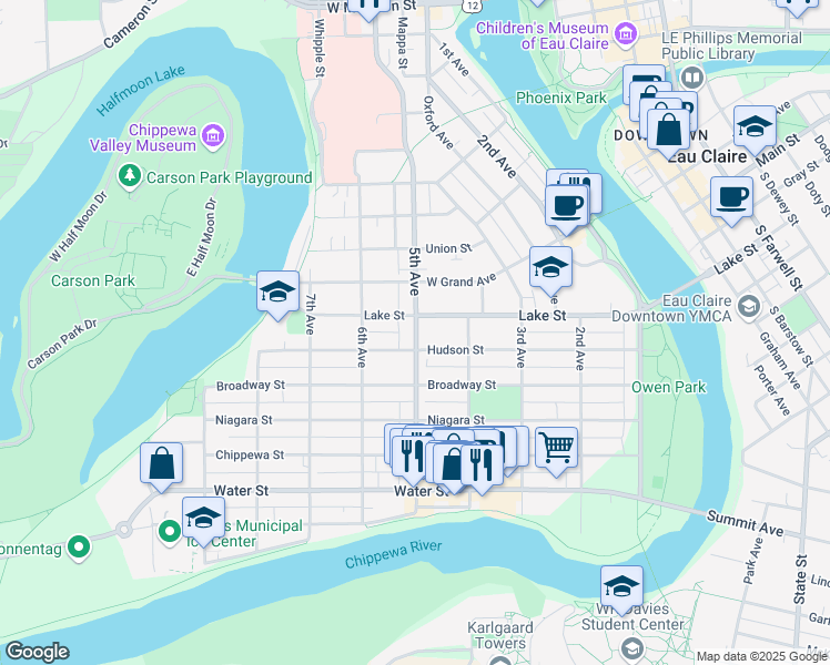 map of restaurants, bars, coffee shops, grocery stores, and more near 513 Lake Street in Eau Claire