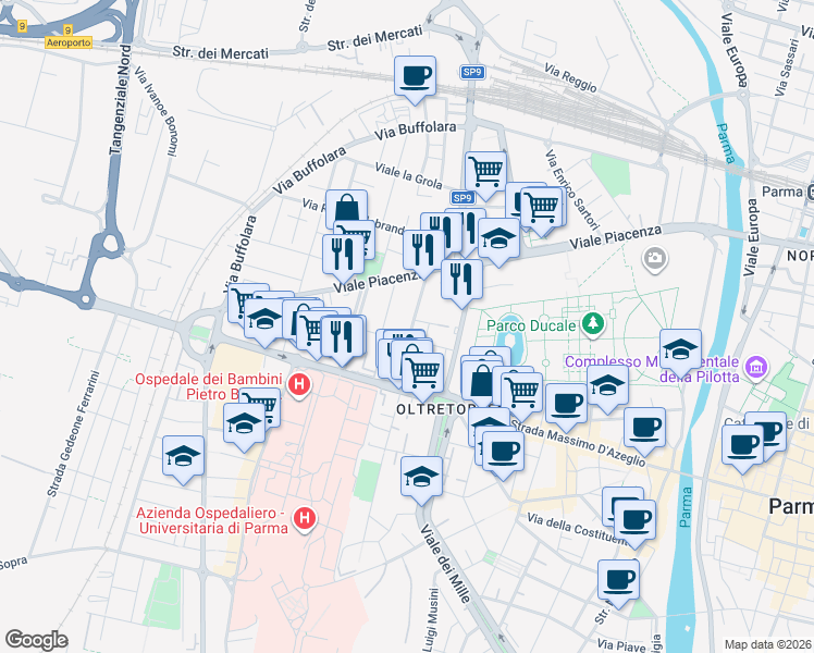 map of restaurants, bars, coffee shops, grocery stores, and more near 10 Via Marchesi Luigi e Salvatore in Parma
