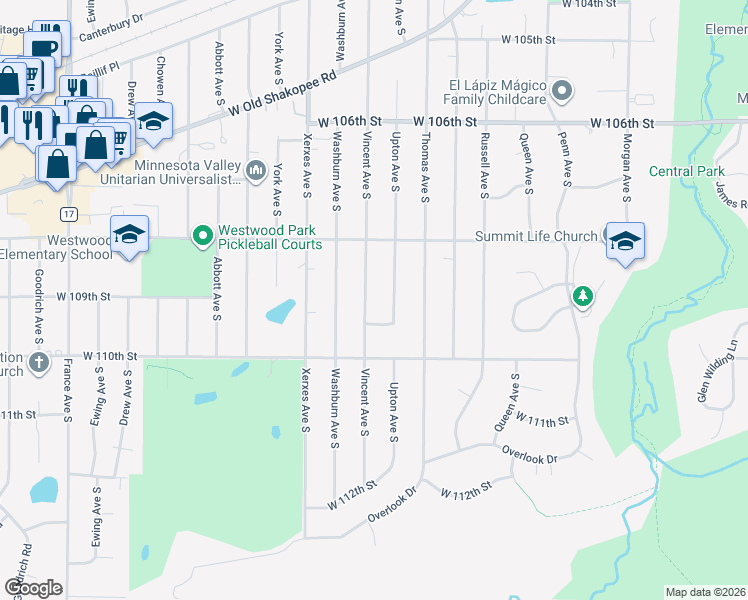 map of restaurants, bars, coffee shops, grocery stores, and more near 10845 Vincent Avenue South in Minneapolis