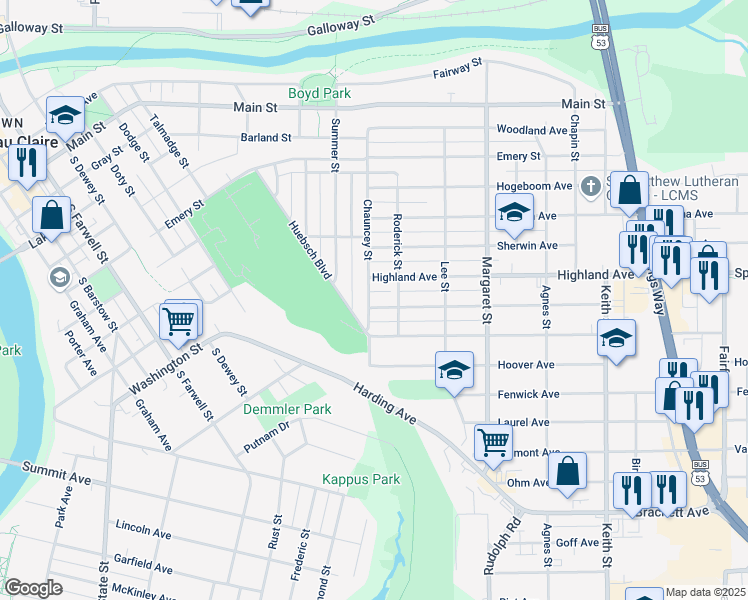 map of restaurants, bars, coffee shops, grocery stores, and more near 1304 Lyndale Avenue in Eau Claire