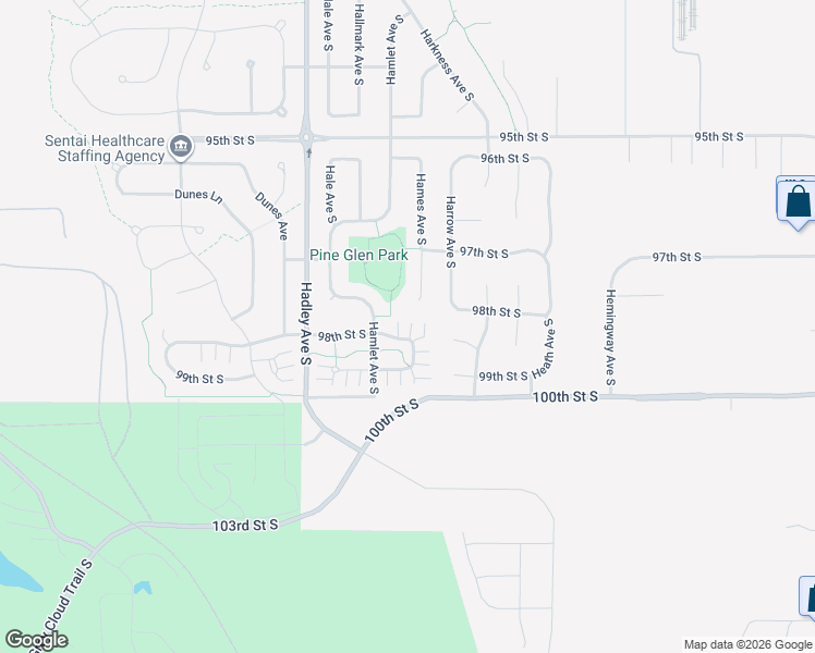 map of restaurants, bars, coffee shops, grocery stores, and more near 9817 Hamlet Lane South in Cottage Grove