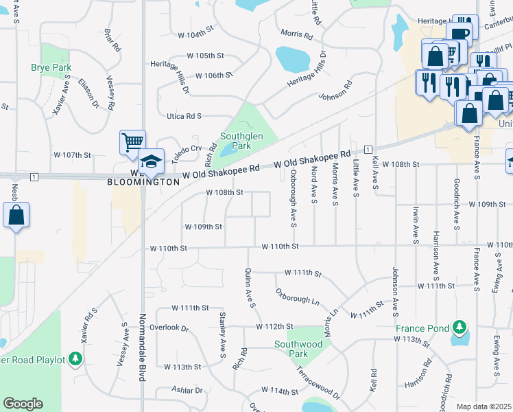 map of restaurants, bars, coffee shops, grocery stores, and more near 10817 Quinn Avenue South in Minneapolis