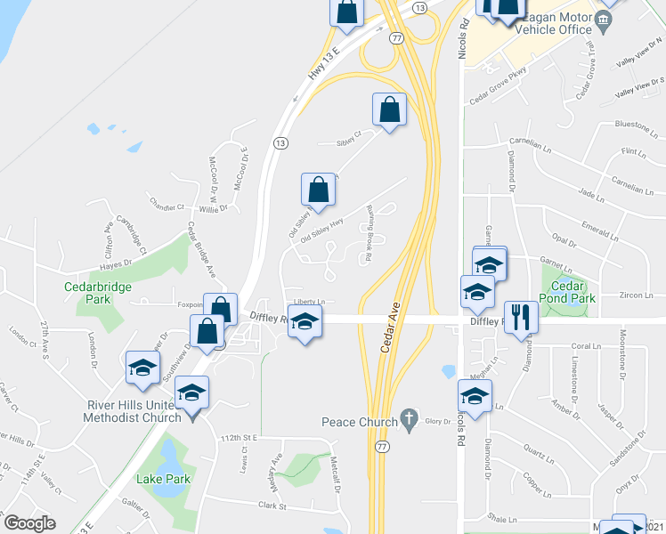 map of restaurants, bars, coffee shops, grocery stores, and more near 2160 Water Lilly Lane in Eagan