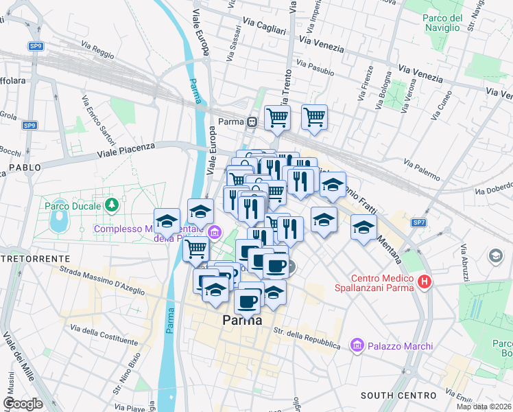 map of restaurants, bars, coffee shops, grocery stores, and more near 1 Via Ireneo Affò in Parma